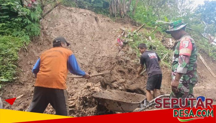 Talut Jalan Di Desa Semen Longsor Akibat Hujan Deras, Babinsa Dan Warga Gerak Cepat Kerja Bakti
