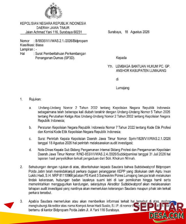 Surat Pemberitahuan Perkembangan Penanganan Dumas (Pengaduan Masyarakat).